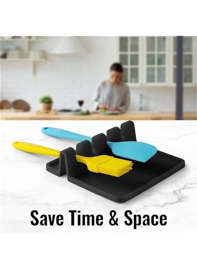 ميكسد حامل أدوات مطبخ من السيليكون الخالي من مادة BPA مع وسادة تنقيط - حامل ملاعق مقاوم للحرارة لموقد الطهي - منظم أدوات المطبخ للمغارف والملقط - أسود - Image 1