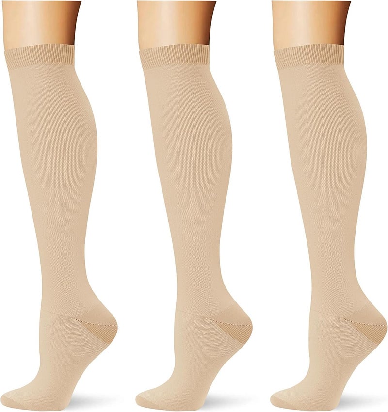 3 pairs of 20-30mmHg knee-high compression socks for both men and women, suitable for sports, running, cycling, hiking, medical care, and recovery, in skin color - Image 1