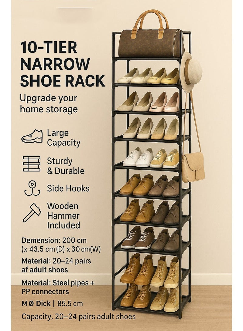 Arabest رف أحذية ضيق 10 طبقات منظم أحذية طويل للمدخل، الخزانة، والمرآب - رف تخزين أحذية معدني موفر للمساحة مع خطافات لـ 20-24 زوج، قابل للتكديس والتعديل، أسود (200 سم ارتفاع × 43.5 سم عمق × 30 سم عرض) - Image 1