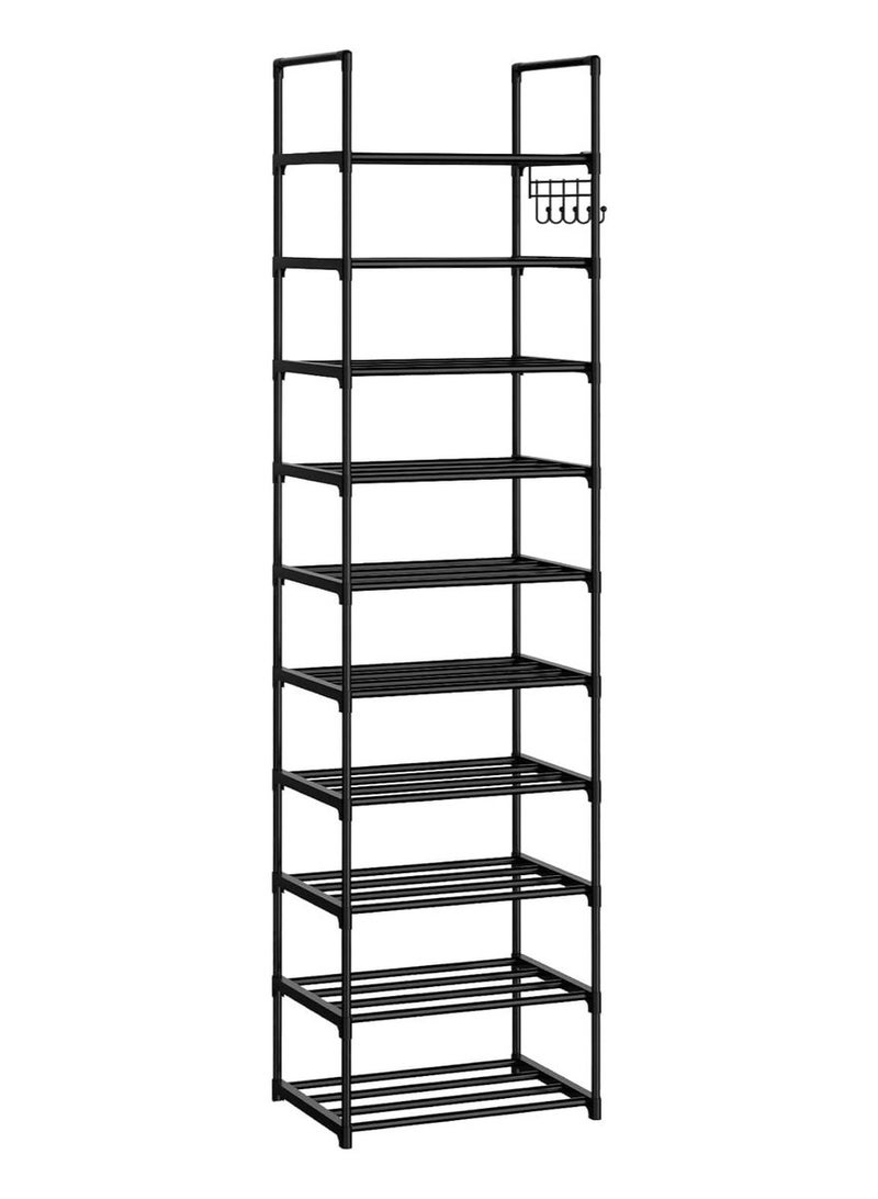Arabest رف أحذية ضيق 10 طبقات منظم أحذية طويل للمدخل، الخزانة، والمرآب - رف تخزين أحذية معدني موفر للمساحة مع خطافات لـ 20-24 زوج، قابل للتكديس والتعديل، أسود (200 سم ارتفاع × 43.5 سم عمق × 30 سم عرض) - Image 3