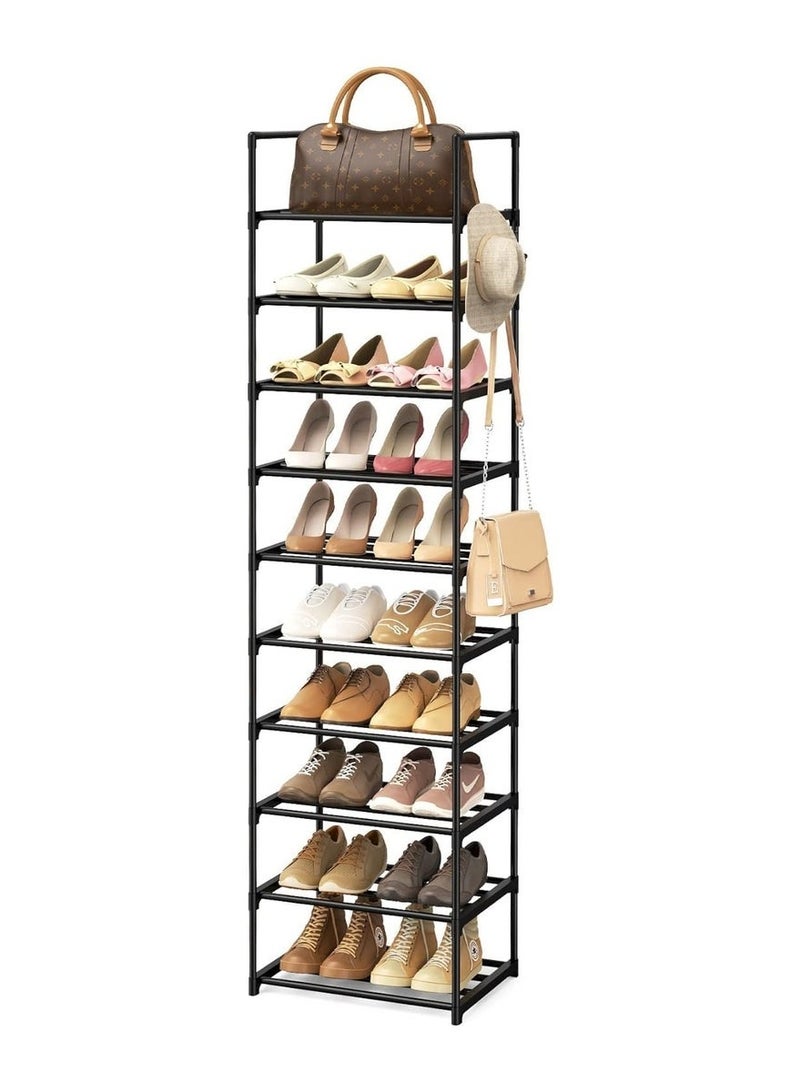 Arabest رف أحذية ضيق 10 طبقات منظم أحذية طويل للمدخل، الخزانة، والمرآب - رف تخزين أحذية معدني موفر للمساحة مع خطافات لـ 20-24 زوج، قابل للتكديس والتعديل، أسود (200 سم ارتفاع × 43.5 سم عمق × 30 سم عرض) - Image 2