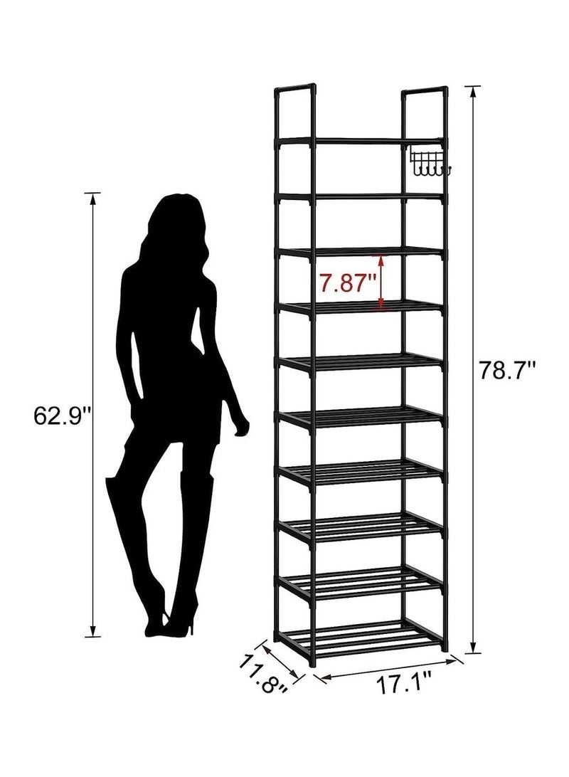 Arabest رف أحذية ضيق 10 طبقات منظم أحذية طويل للمدخل، الخزانة، والمرآب - رف تخزين أحذية معدني موفر للمساحة مع خطافات لـ 20-24 زوج، قابل للتكديس والتعديل، أسود (200 سم ارتفاع × 43.5 سم عمق × 30 سم عرض) - Image 4