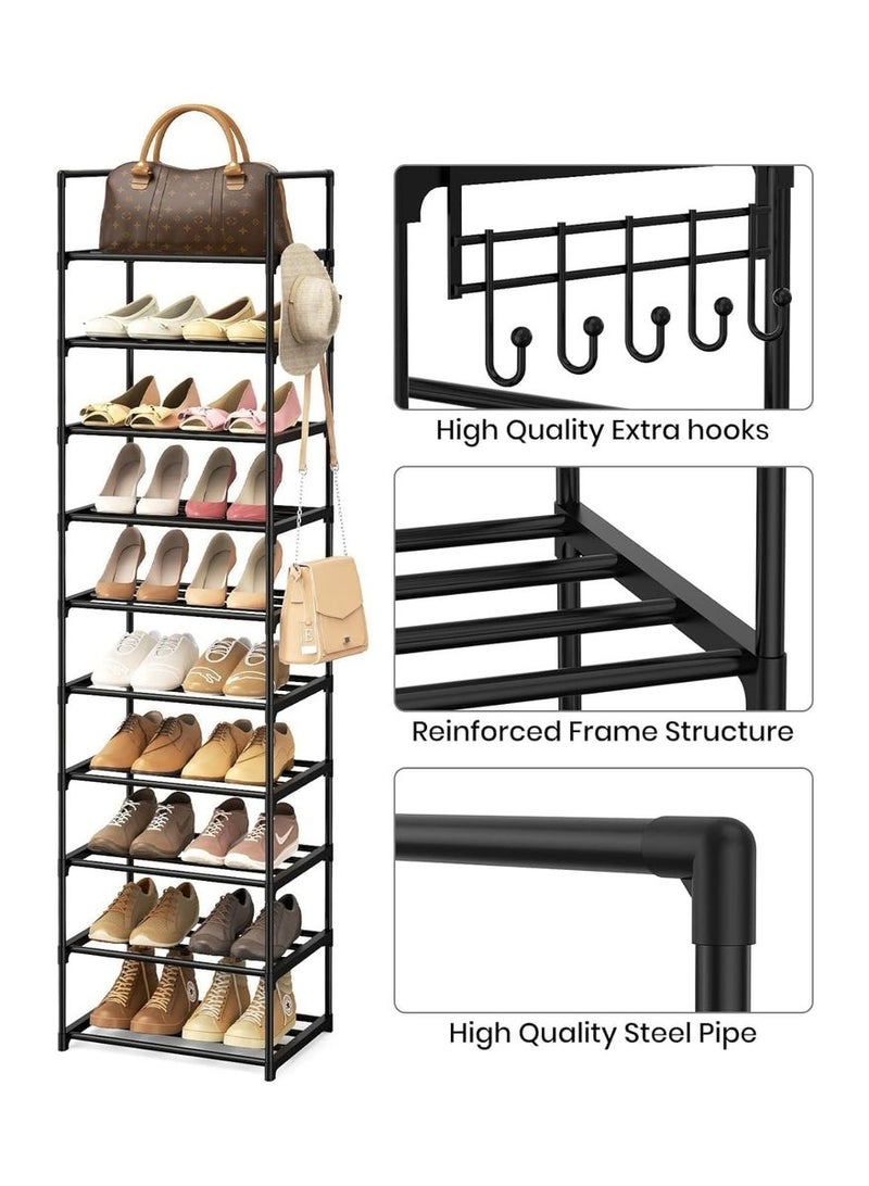 Arabest رف أحذية ضيق 10 طبقات منظم أحذية طويل للمدخل، الخزانة، والمرآب - رف تخزين أحذية معدني موفر للمساحة مع خطافات لـ 20-24 زوج، قابل للتكديس والتعديل، أسود (200 سم ارتفاع × 43.5 سم عمق × 30 سم عرض) - Image 5