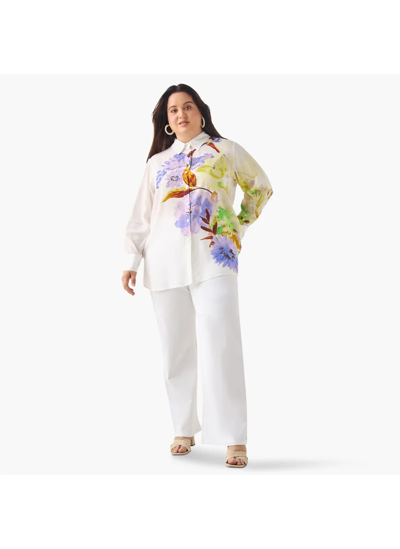  أولا بوبكن Plus Size Ulla Popken Regular Fit Floral Print Shirt with Collar and Long Sleeves