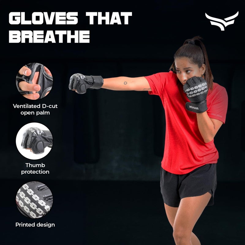 XTRIM MMA Kickboxing Gloves for Men, Half-Finger Length with Thumb Coverage, Thick Padding, Wrist Support, PU Leather, Breathable Open Palm, Sweat-Wicking, Boxing, Muay Thai, Taekwondo Training Mitts - Image 3