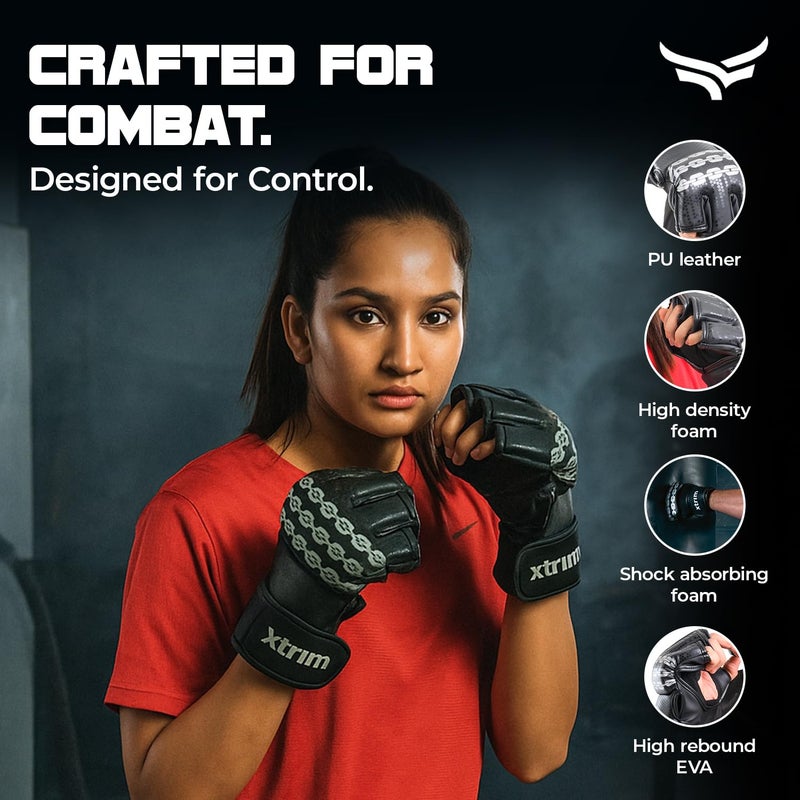 XTRIM MMA Kickboxing Gloves for Men, Half-Finger Length with Thumb Coverage, Thick Padding, Wrist Support, PU Leather, Breathable Open Palm, Sweat-Wicking, Boxing, Muay Thai, Taekwondo Training Mitts - Image 5