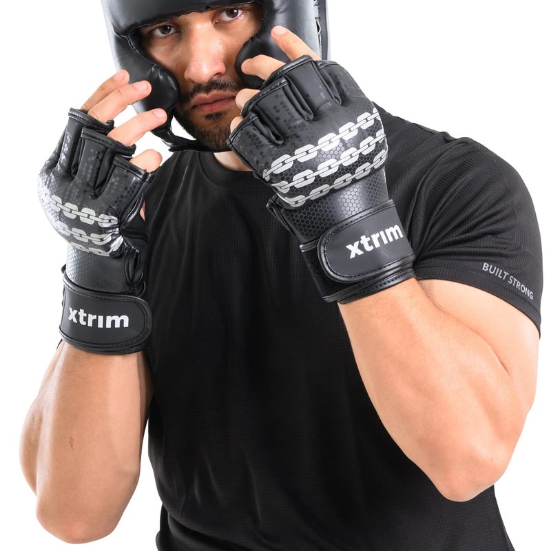 XTRIM MMA Kickboxing Gloves for Men, Half-Finger Length with Thumb Coverage, Thick Padding, Wrist Support, PU Leather, Breathable Open Palm, Sweat-Wicking, Boxing, Muay Thai, Taekwondo Training Mitts - Image 1
