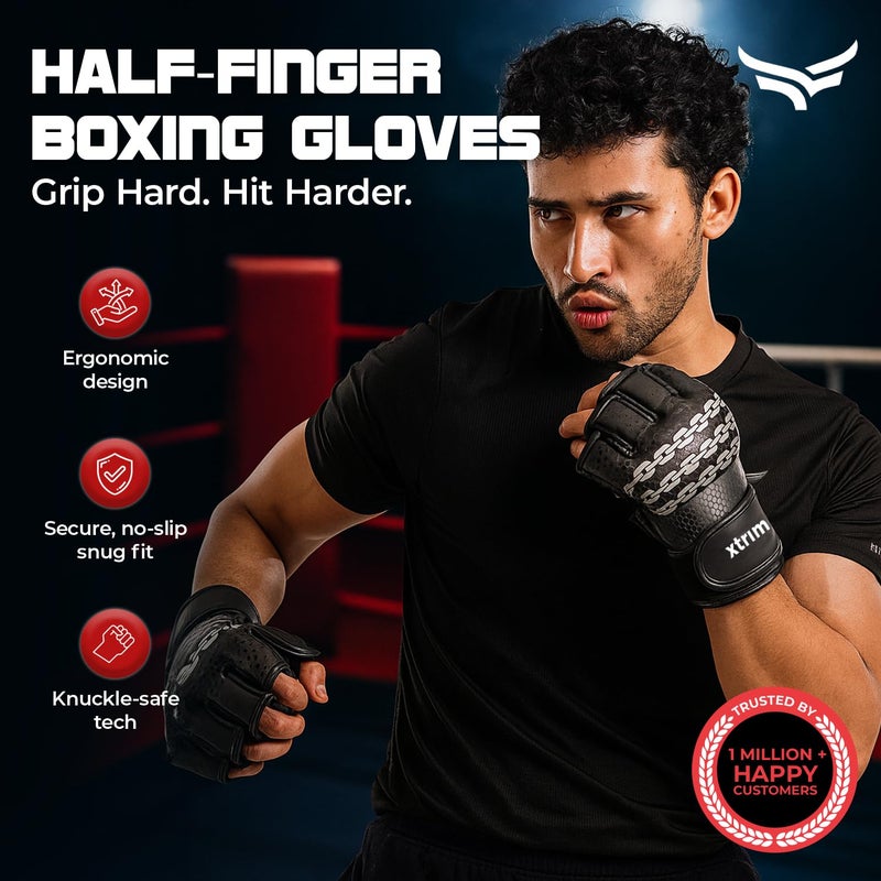 XTRIM MMA Kickboxing Gloves for Men, Half-Finger Length with Thumb Coverage, Thick Padding, Wrist Support, PU Leather, Breathable Open Palm, Sweat-Wicking, Boxing, Muay Thai, Taekwondo Training Mitts - Image 2