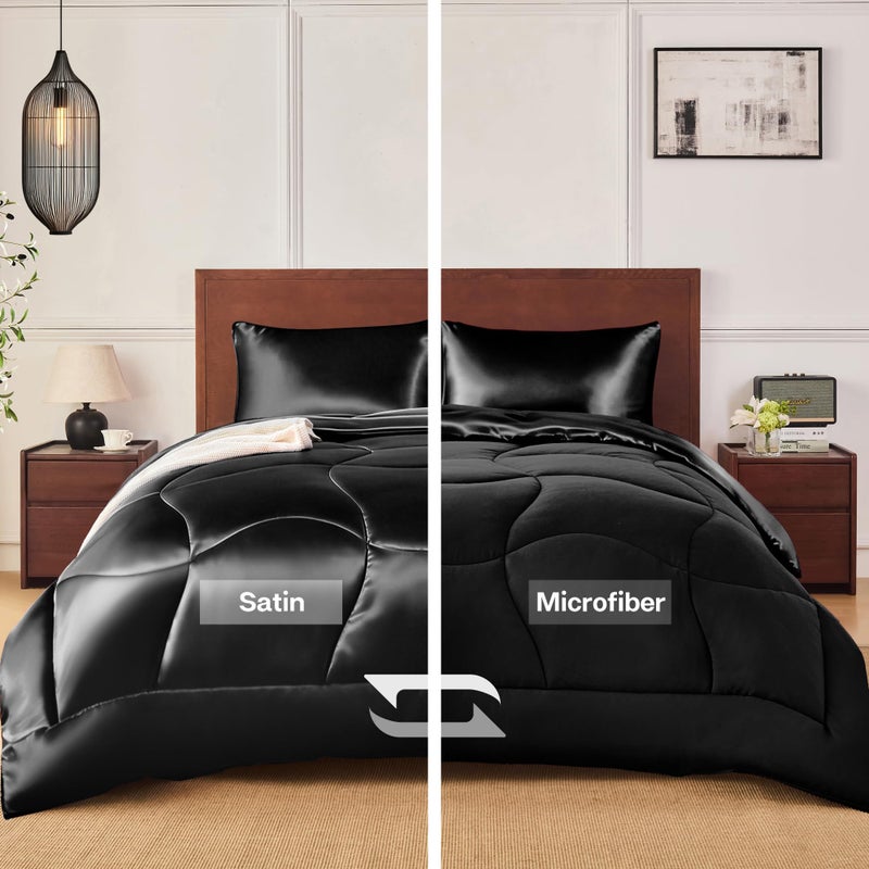 MR&HM King Size Comforter Set Black, Reversible Satin Microfiber Comforter Set for All Seasons, 3 Pieces Non-Slip Silky Soft Bedding Sets with 1 Comforter (104"x90") and 2 Pillowcases (20"x36") - Image 1