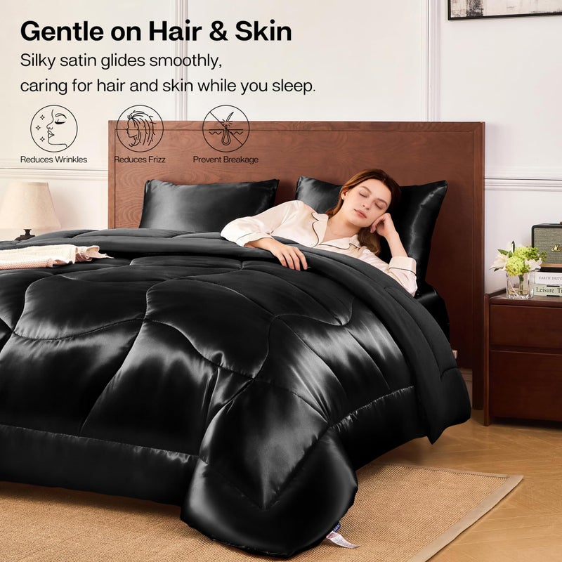 MR&HM King Size Comforter Set Black, Reversible Satin Microfiber Comforter Set for All Seasons, 3 Pieces Non-Slip Silky Soft Bedding Sets with 1 Comforter (104"x90") and 2 Pillowcases (20"x36") - Image 3