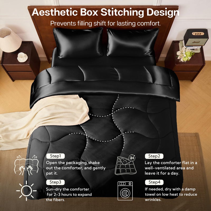 MR&HM King Size Comforter Set Black, Reversible Satin Microfiber Comforter Set for All Seasons, 3 Pieces Non-Slip Silky Soft Bedding Sets with 1 Comforter (104"x90") and 2 Pillowcases (20"x36") - Image 5