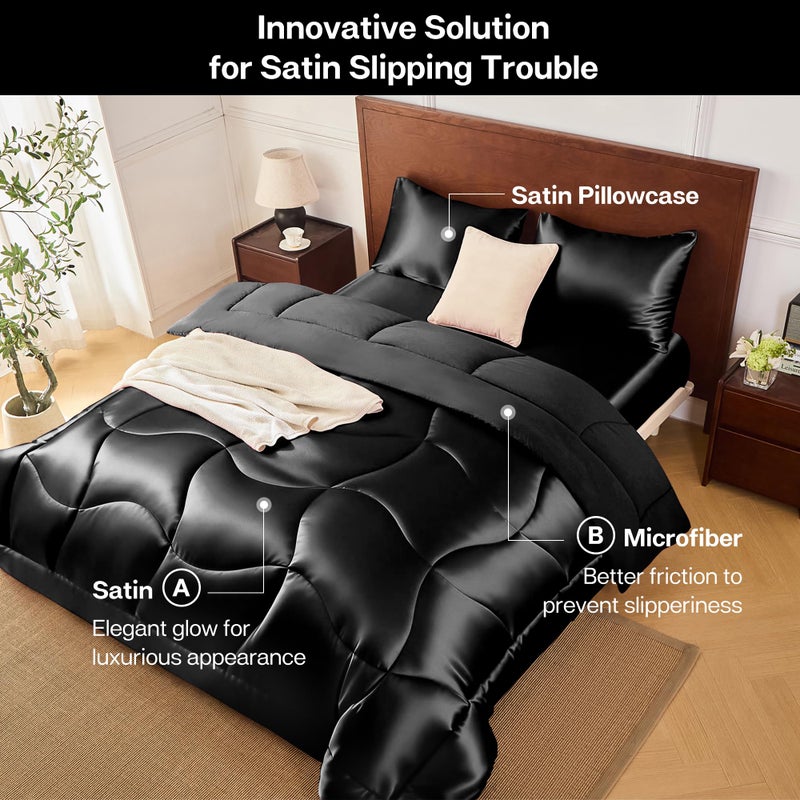 MR&HM King Size Comforter Set Black, Reversible Satin Microfiber Comforter Set for All Seasons, 3 Pieces Non-Slip Silky Soft Bedding Sets with 1 Comforter (104"x90") and 2 Pillowcases (20"x36") - Image 2