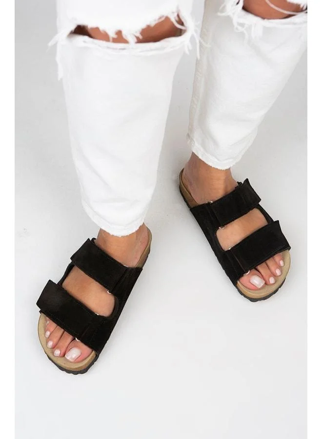 Vina Women's Genuine Leather Double strap Black Suede Slipper