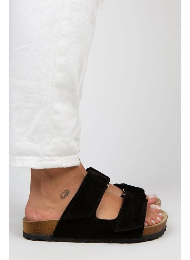 Manijero  Vina Women's Genuine Leather Double strap Black Suede Slipper for Women | Best Price UAE