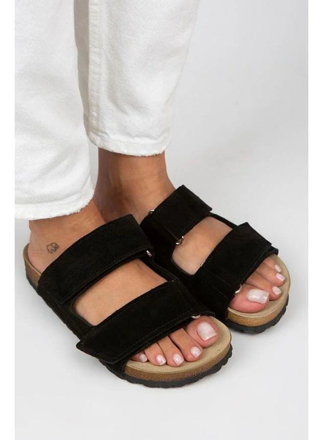 Manijero  Vina Women's Genuine Leather Double strap Black Suede Slipper for Women | Best Price UAE