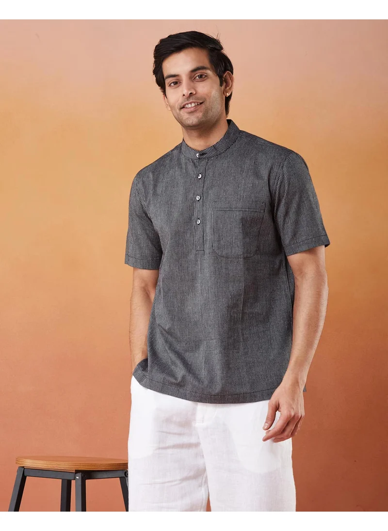 Fabindia Black Cotton Striped Mid Placket Shirt