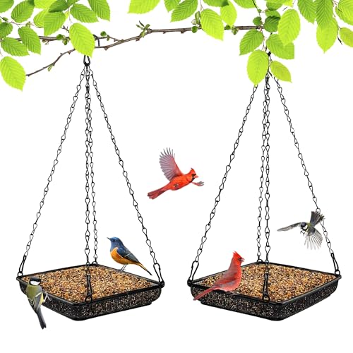 MIXXIDEA Hanging Bird Feeder Tray Metal Mesh Platform Seed Feeder with Durable Chains for Outdoors Garden Great for Attracting Birds (2 Pack) - Image 1