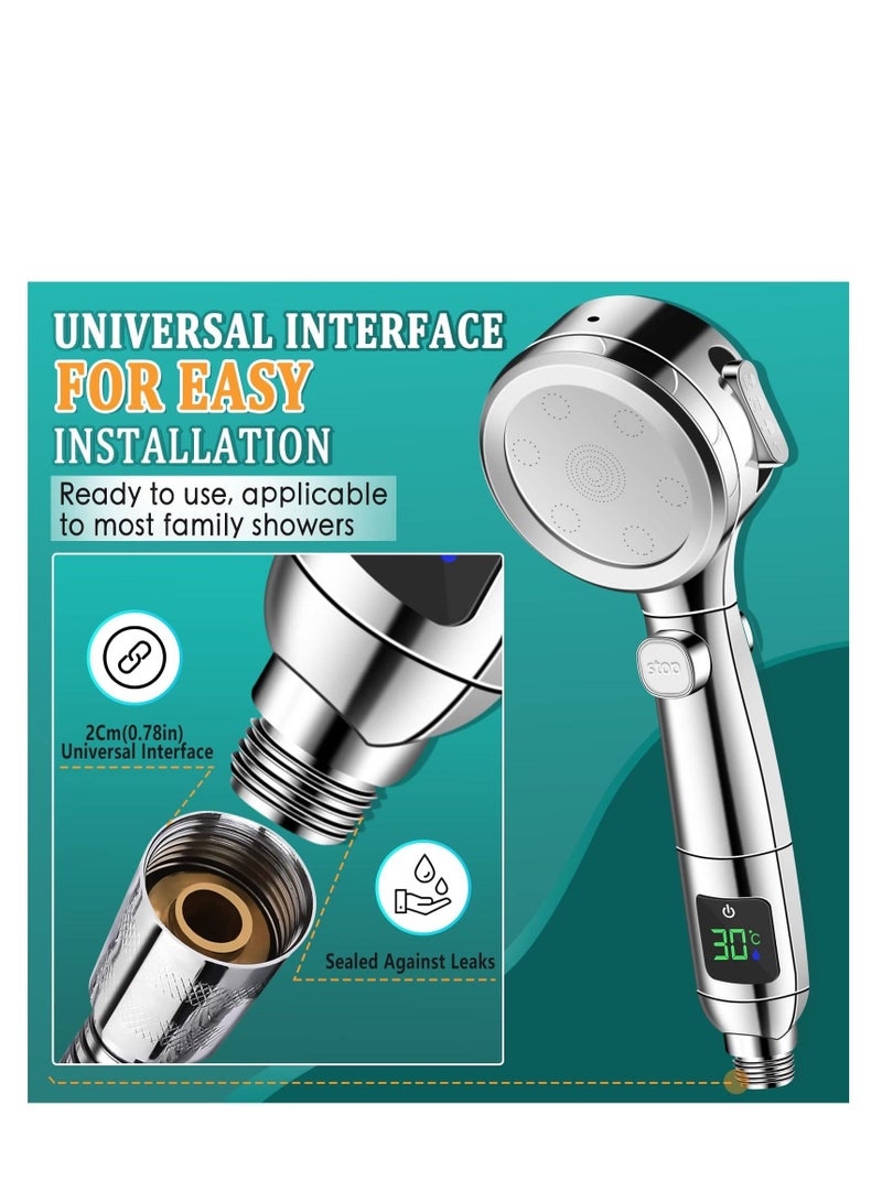 Shower Head Water Saving with Pressure Increase 4 Jet Settings, Universal Large Energy Temperature Display One on Pause Switch - Image 2