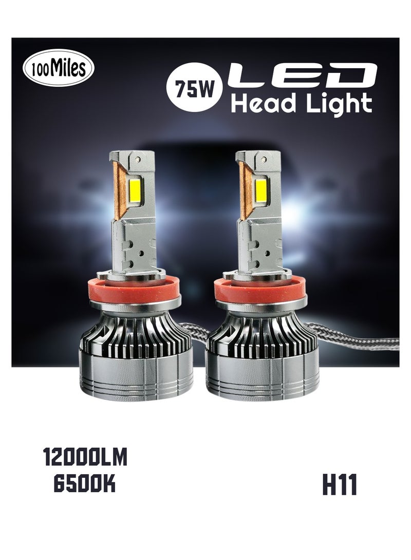 100مايلز مصباح أمامي للسيارة 100 ميل H11 LED - 75 وات طاقة عالية 12000LM 6500K مع نظام مروحة التبريد - Image 1