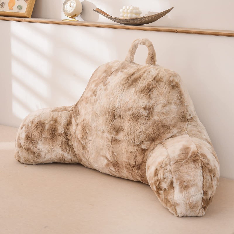 A Nice Night Faux Fur Reading Pillow Bed Wedge Large Adult Children Backrest with Arms Back Support for Sitting Up in Bed/Couch for Bedrest, Tie Dyed Khaki - Image 1