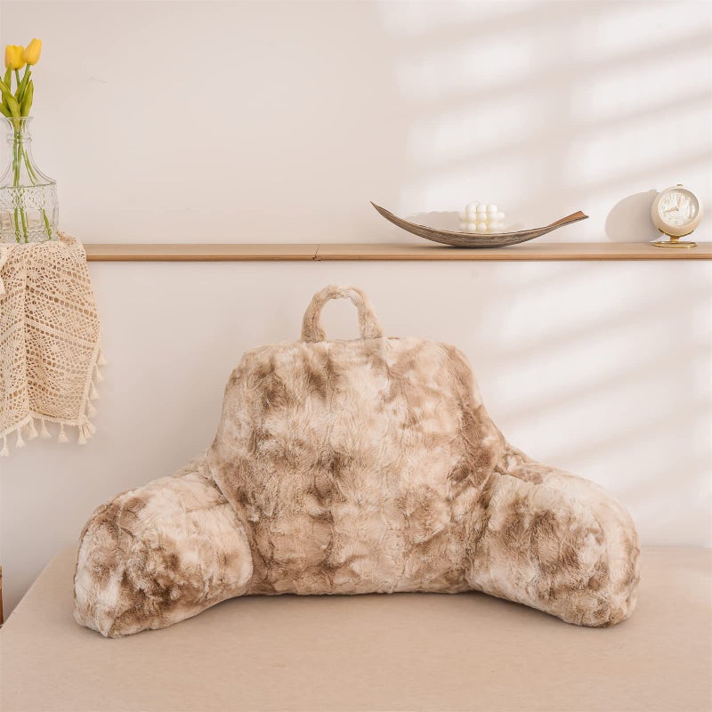 A Nice Night Faux Fur Reading Pillow Bed Wedge Large Adult Children Backrest with Arms Back Support for Sitting Up in Bed/Couch for Bedrest, Tie Dyed Khaki - Image 3