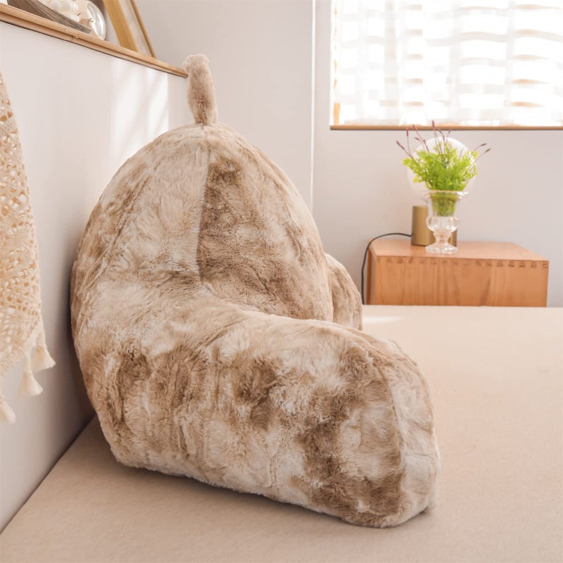 A Nice Night Faux Fur Reading Pillow Bed Wedge Large Adult Children Backrest with Arms Back Support for Sitting Up in Bed/Couch for Bedrest, Tie Dyed Khaki - Image 4