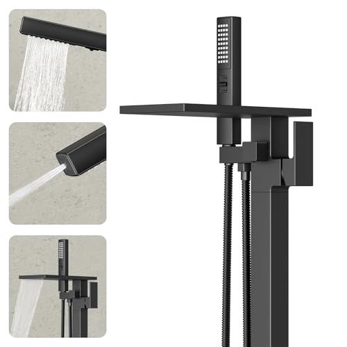 ryuwanku Freestanding Bathtub Faucet with Handheld Sprayer Matte Black Floor Mount Tub Filler High Flow Waterfall Brass Bath Shower Faucet for Modern Bathroom - Image 1