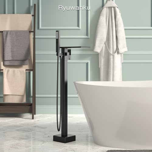 ryuwanku Freestanding Bathtub Faucet with Handheld Sprayer Matte Black Floor Mount Tub Filler High Flow Waterfall Brass Bath Shower Faucet for Modern Bathroom - Image 3