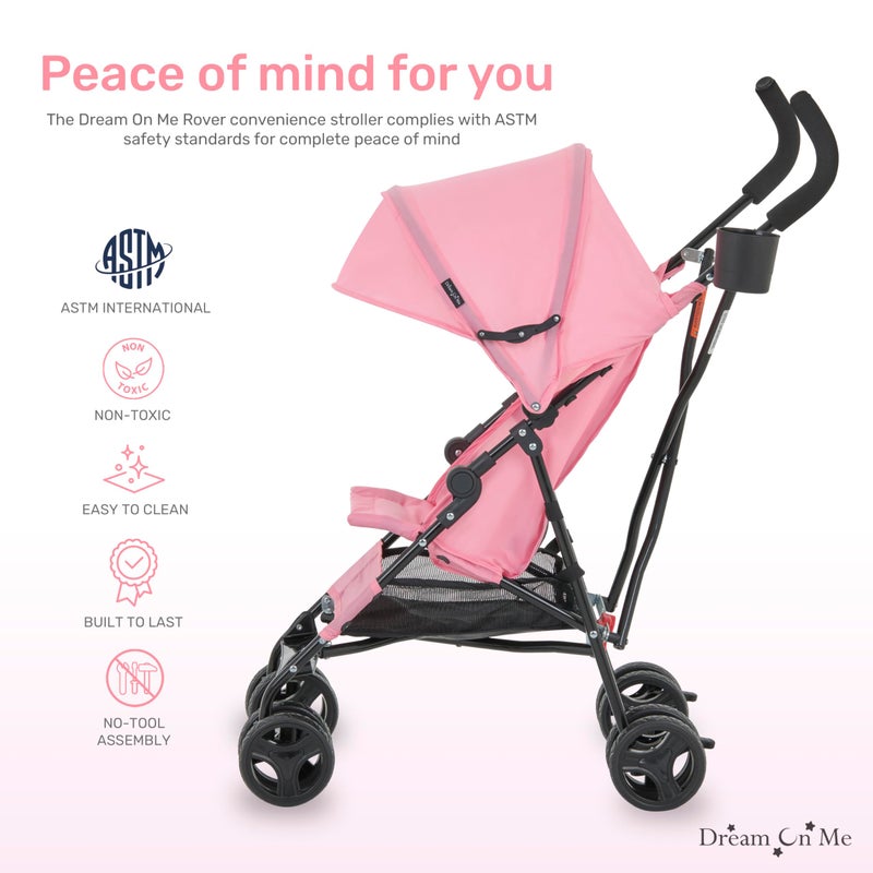 Dream On Me Rover Convenience Baby Stroller â€“ Lightweight & Compact Travel Umbrella Stroller, Quick One-Hand Fold, Lockable Rear Wheels, Adjustable Canopy, 3-Point Safety Harness & Cup Holder - Pink - Image 2