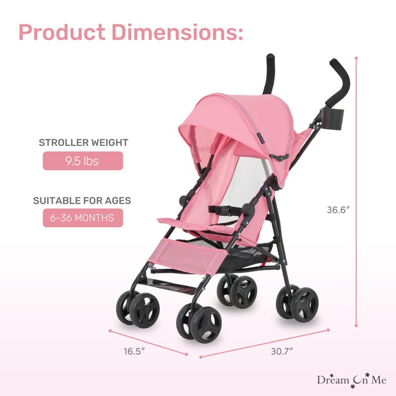 Dream On Me Rover Convenience Baby Stroller â€“ Lightweight & Compact Travel Umbrella Stroller, Quick One-Hand Fold, Lockable Rear Wheels, Adjustable Canopy, 3-Point Safety Harness & Cup Holder - Pink - Image 5
