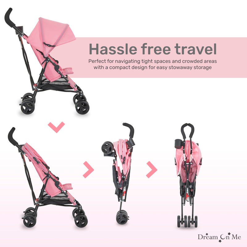 Dream On Me Rover Convenience Baby Stroller â€“ Lightweight & Compact Travel Umbrella Stroller, Quick One-Hand Fold, Lockable Rear Wheels, Adjustable Canopy, 3-Point Safety Harness & Cup Holder - Pink - Image 4