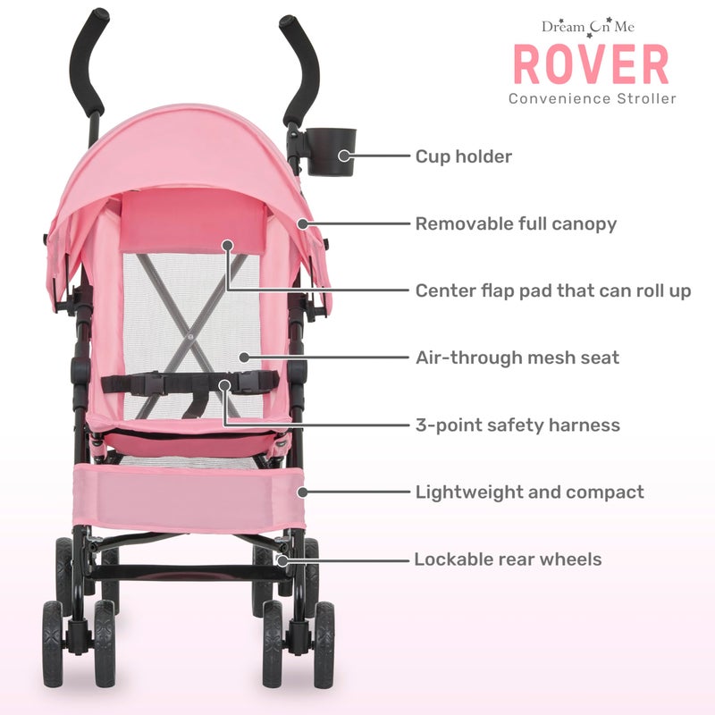 Dream On Me Rover Convenience Baby Stroller â€“ Lightweight & Compact Travel Umbrella Stroller, Quick One-Hand Fold, Lockable Rear Wheels, Adjustable Canopy, 3-Point Safety Harness & Cup Holder - Pink - Image 3