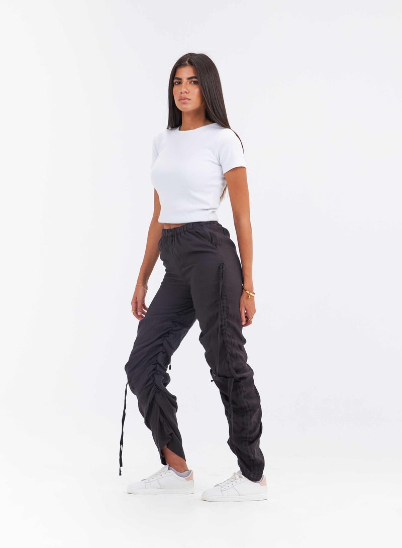 CIZARO High-Waist Black Cutout Ruched Parachute Trousers. - Image 1