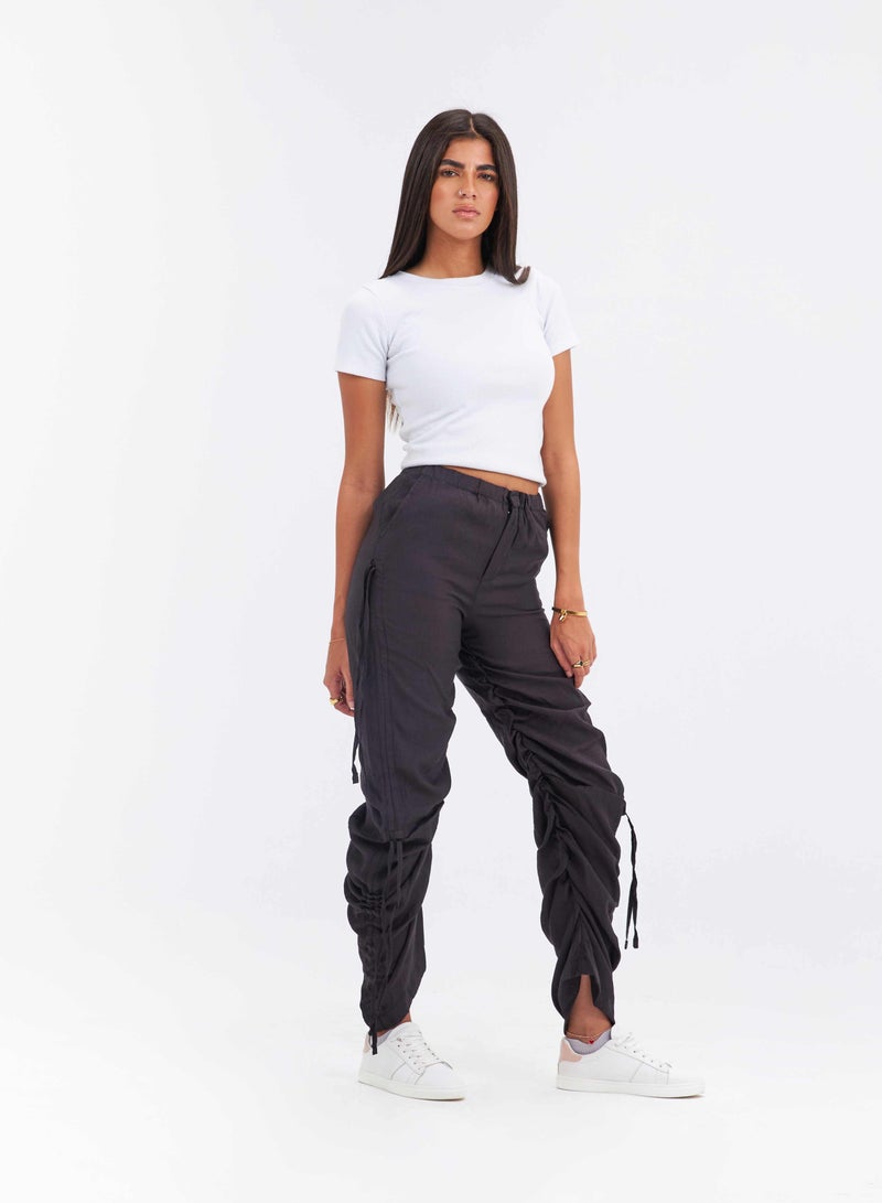 CIZARO High-Waist Black Cutout Ruched Parachute Trousers. - Image 2