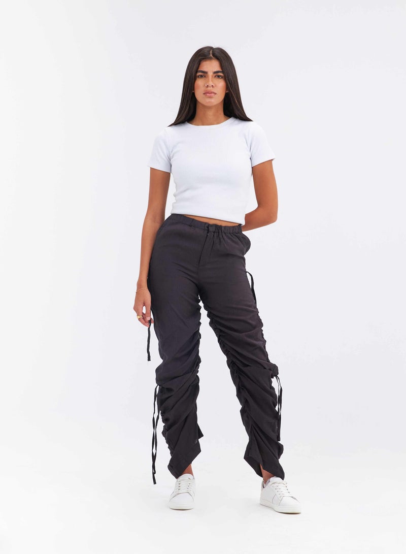 CIZARO High-Waist Black Cutout Ruched Parachute Trousers. - Image 4