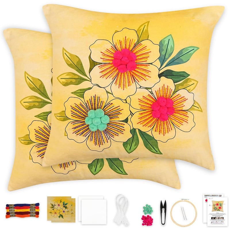 picknMAKE Beginners for Set Kit Embroidery Hand Cover Cushion DIY 2 of Pack – Covers Pillow Cross-Stitch Bloom Floral | Decor Home | 16"x16" | Pattern Printed Digitally | Included Materials All - Image 1