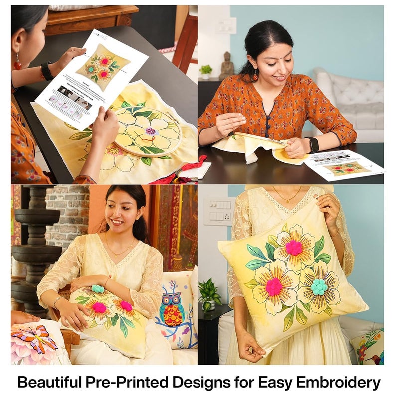 picknMAKE Beginners for Set Kit Embroidery Hand Cover Cushion DIY 2 of Pack – Covers Pillow Cross-Stitch Bloom Floral | Decor Home | 16"x16" | Pattern Printed Digitally | Included Materials All - Image 3