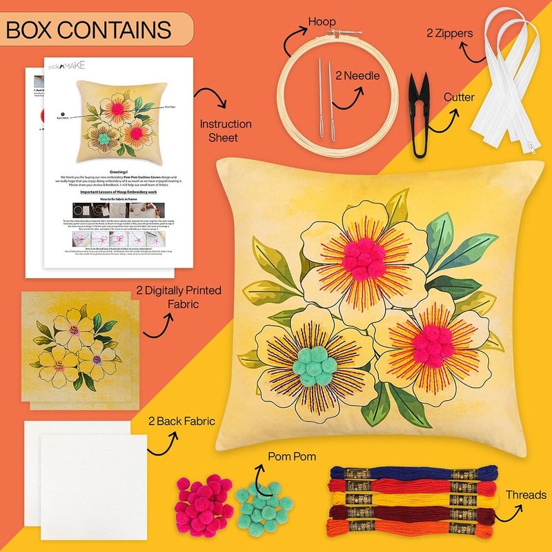 picknMAKE Beginners for Set Kit Embroidery Hand Cover Cushion DIY 2 of Pack – Covers Pillow Cross-Stitch Bloom Floral | Decor Home | 16"x16" | Pattern Printed Digitally | Included Materials All - Image 2