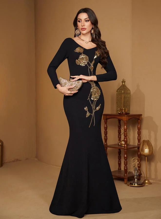 Supgir Black Beaded Sequin Flared Maxi Dress