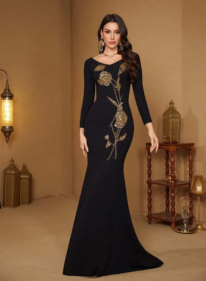 Supgir Black Beaded Sequin Flared Maxi Dress