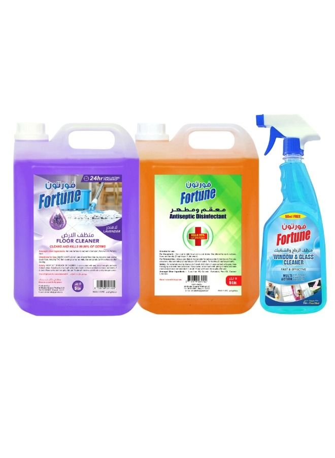 Fortune Home Cleaning Saver Bundle with Floor Cleaner Lavender 5 Litre Antiseptic Disinfectant Liquid 5 Ltr with Glass Cleaner 800 ml - Image 1