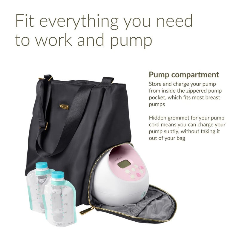 Kiinde Anika Breast Pump Bag with Cooler Pocket, Laptop Compartment, Stylish, Large, Easy to Clean, Black with Grey Interior - Image 2
