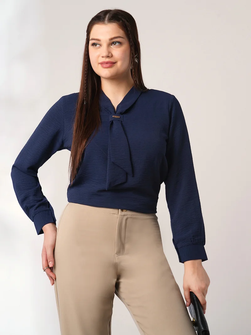 globus Women Navy Blue Tie-Up Neck Cuffed Sleeves Workwear Top
