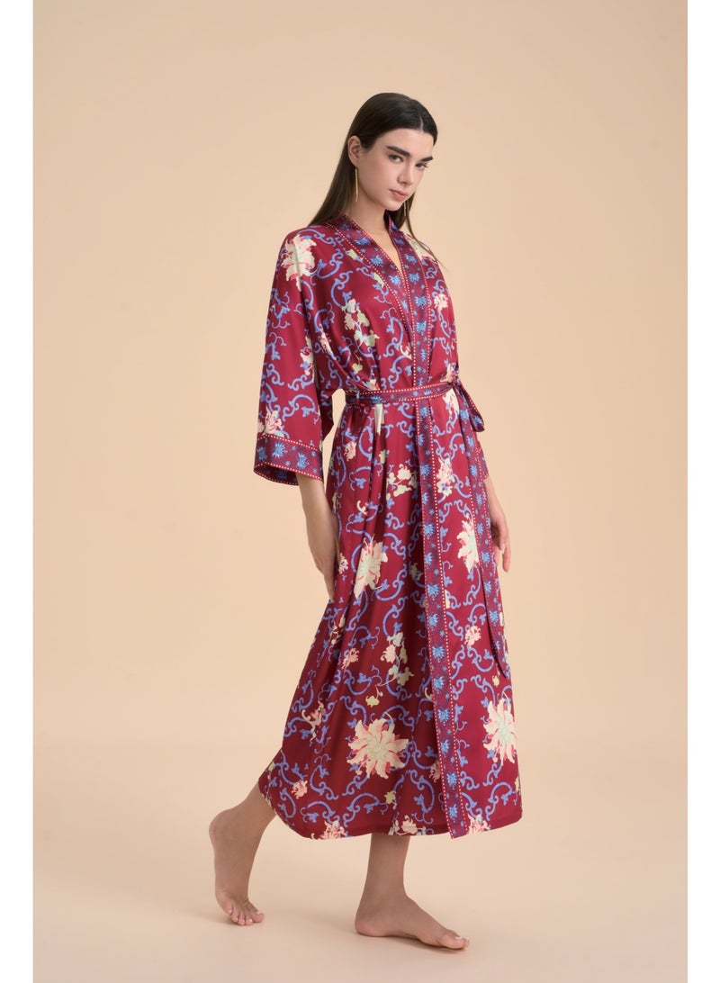 Closme Women's Silk Chiffon Long Robe, Boho Floral Print Kimono Bathrobe, Soft Lightweight Sleepwear Loungewear with Belt for Homewear - Image 1