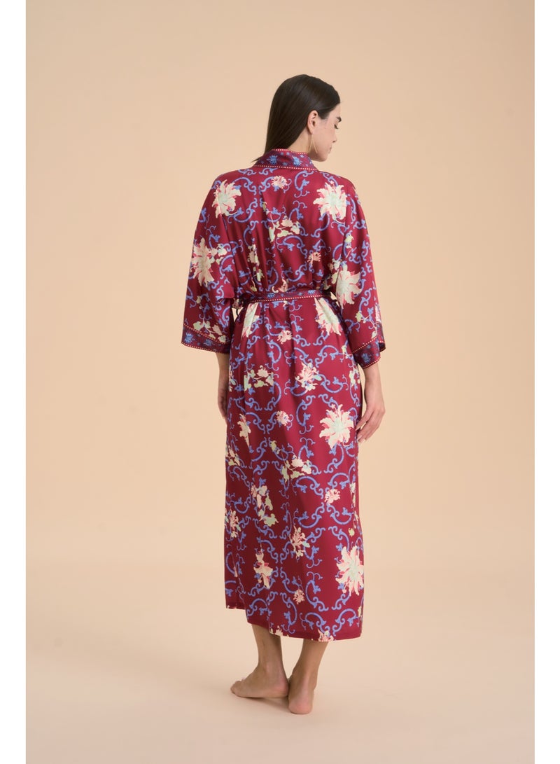 Closme Women's Silk Chiffon Long Robe, Boho Floral Print Kimono Bathrobe, Soft Lightweight Sleepwear Loungewear with Belt for Homewear - Image 2