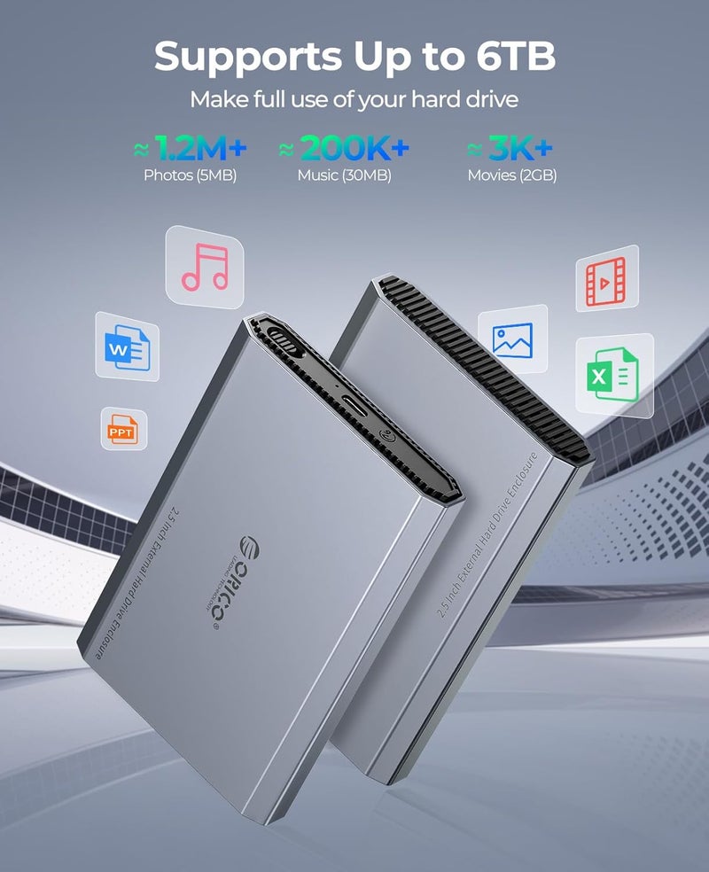 Orico Aluminum USB C Hard Drive Enclosure for 2.5 Inch SATA SSD/HDD, USB 3.2 GEN 2 USB C to USB A/C 2 in 1 Cable, Support macOS Windows Linux OS, Compatible with Samsung Crucial WD Drives(DD25-C3) - Image 4