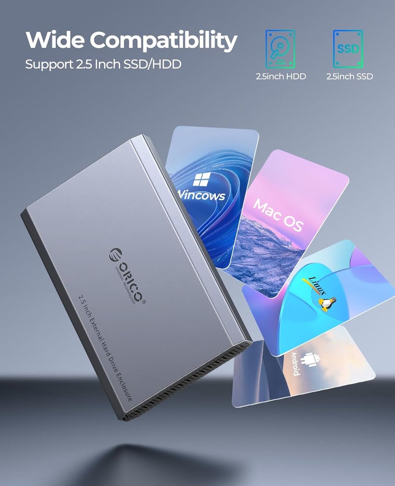 Orico Aluminum USB C Hard Drive Enclosure for 2.5 Inch SATA SSD/HDD, USB 3.2 GEN 2 USB C to USB A/C 2 in 1 Cable, Support macOS Windows Linux OS, Compatible with Samsung Crucial WD Drives(DD25-C3) - Image 5
