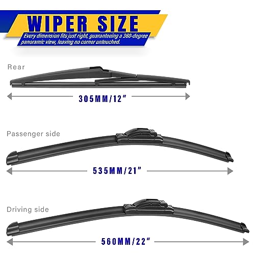 Rooppa 3 wipers Replacement for 2011-2013 Jeep Grand Cherokee/2011-2021 2022 2023 Dodge Durango, Windshield Wiper Blades Original Equipment Replacement - 22"/21"/12" (Set of 3) U/J HOOK - Image 2