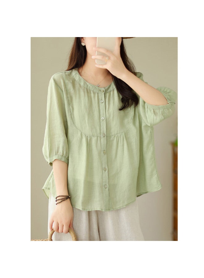 XINYANG Pure Cotton Babydoll Shirt Women's 2025 Summer Thin Short-sleeve Blouse Round Neck Waist-cinching Flattering Top - Image 4