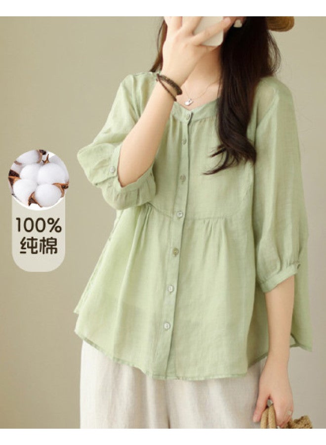 XINYANG Pure Cotton Babydoll Shirt Women's 2025 Summer Thin Short-sleeve Blouse Round Neck Waist-cinching Flattering Top - Image 1